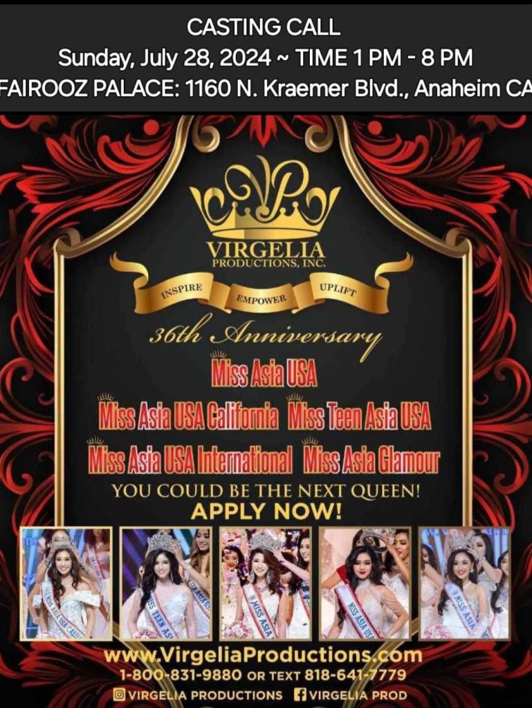 Virgelia Productions Announces Casting Call for 36th Annual Miss & Mrs. Asia USA Pageant