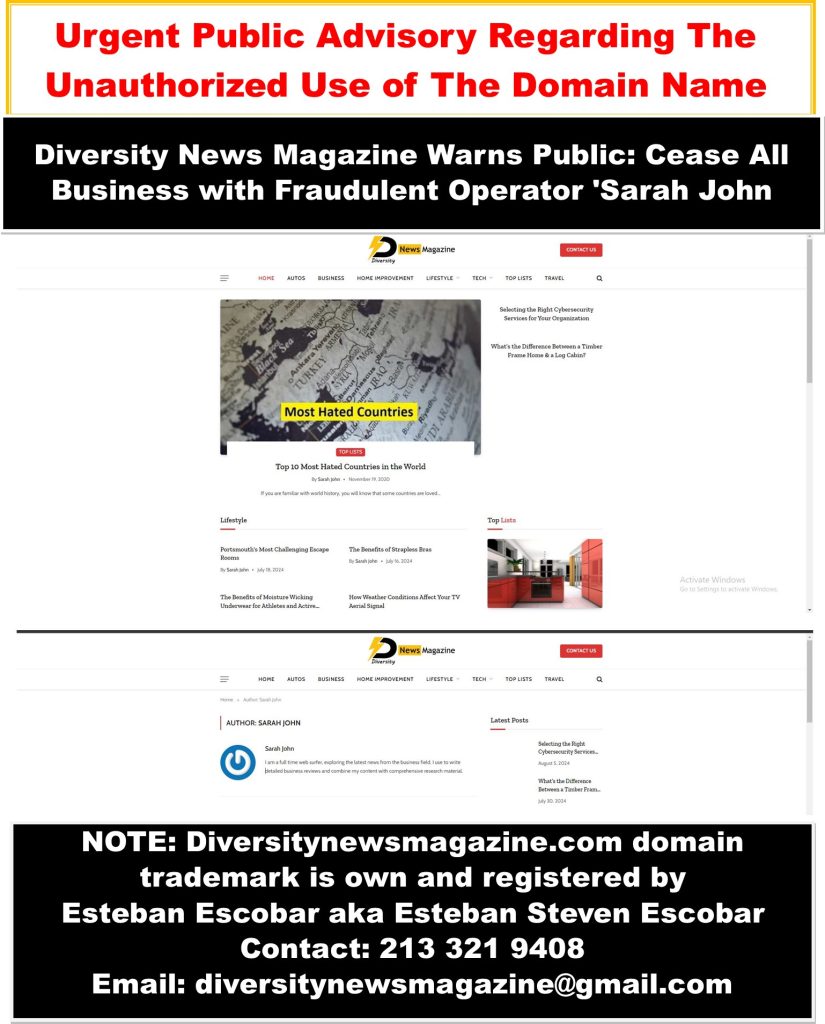 Diversity News Magazine Warns Public: Cease All Business with Fraudulent Operator 'Sarah John'